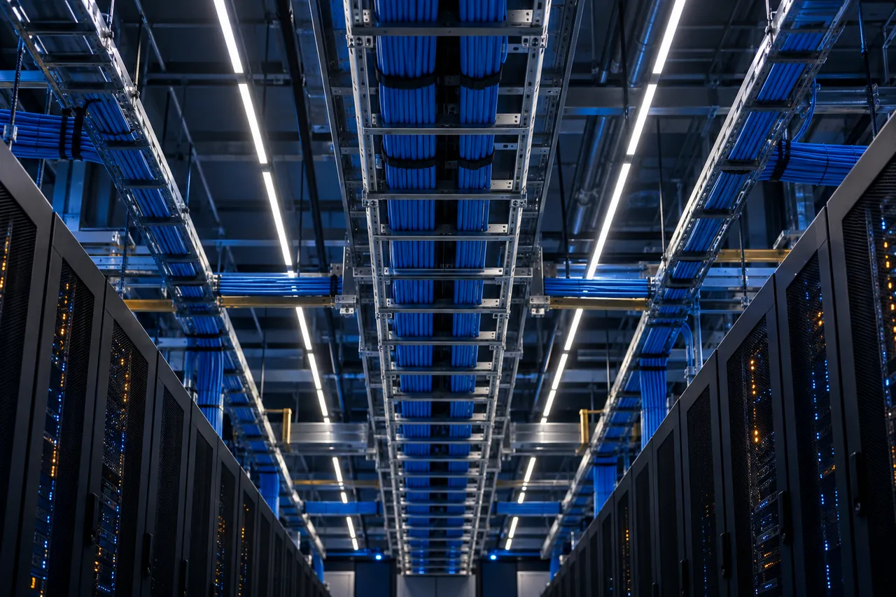 Overhead cable trays carrying bundled blue cable runs above rows of racks.