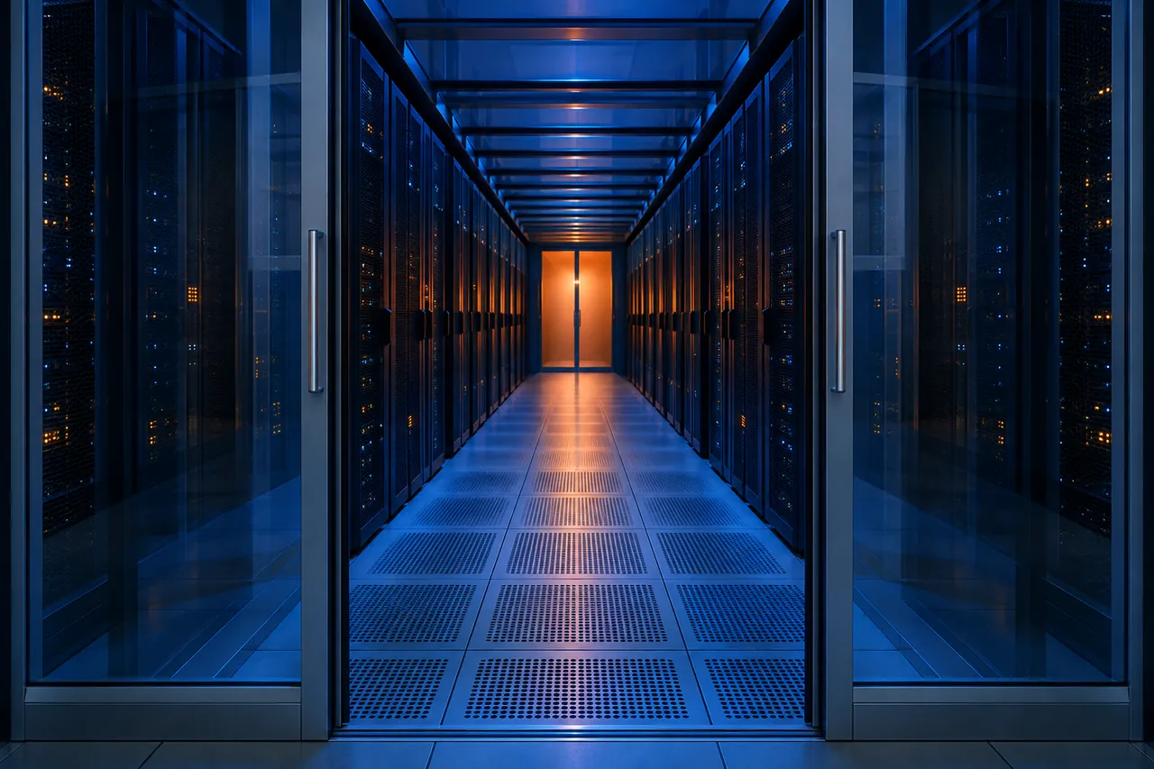 Contained cold aisle with glass doors and perforated floor tiles under blue light.