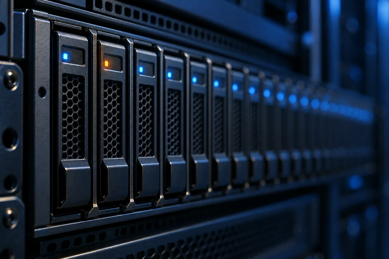 Close-up of rack server drive bays with small blue status lights and one orange light.