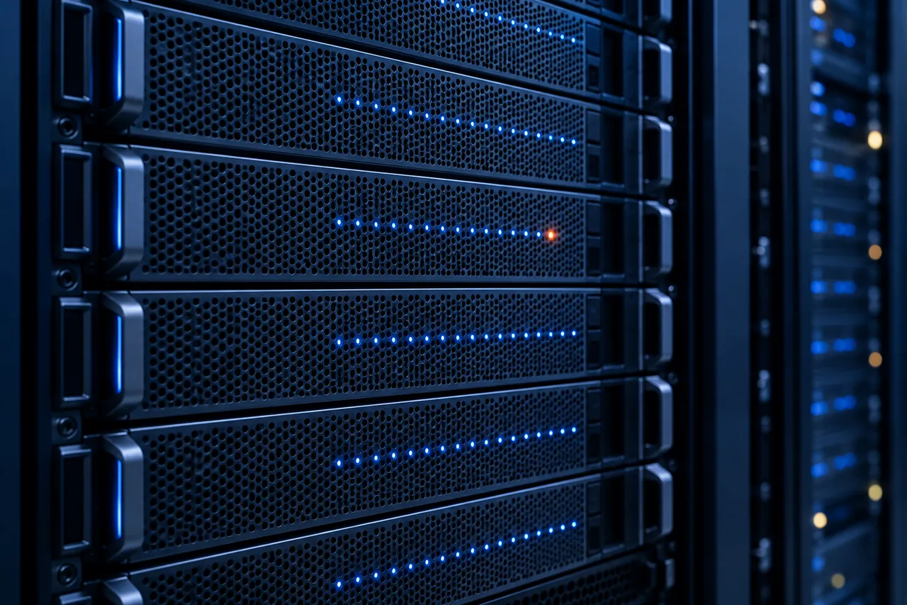Row of storage array bezels with small blue activity lights.